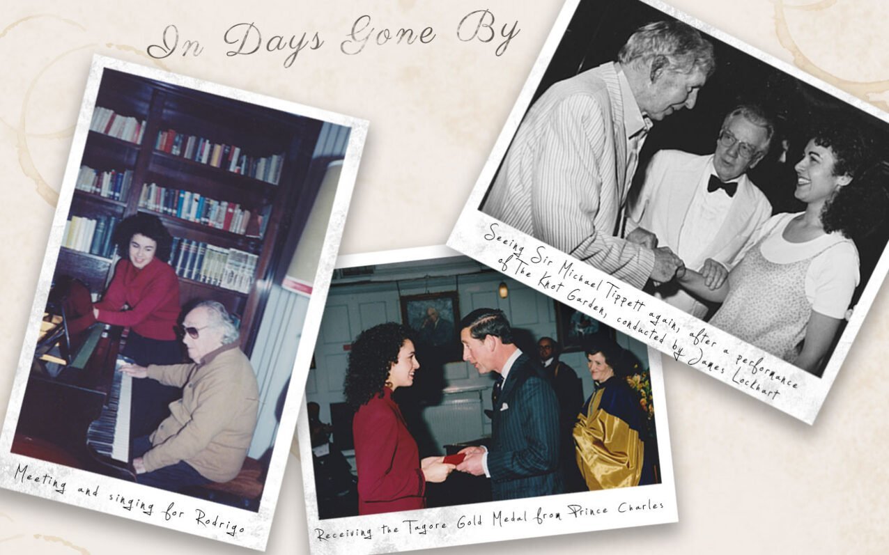 A collage of archival photos: meeting and singing for Joaquin Rodrigo, receiving the Tagore Gold Medal from Prince Charles, and meeting Sir Michael Tippett after a performance of The Knot Garden